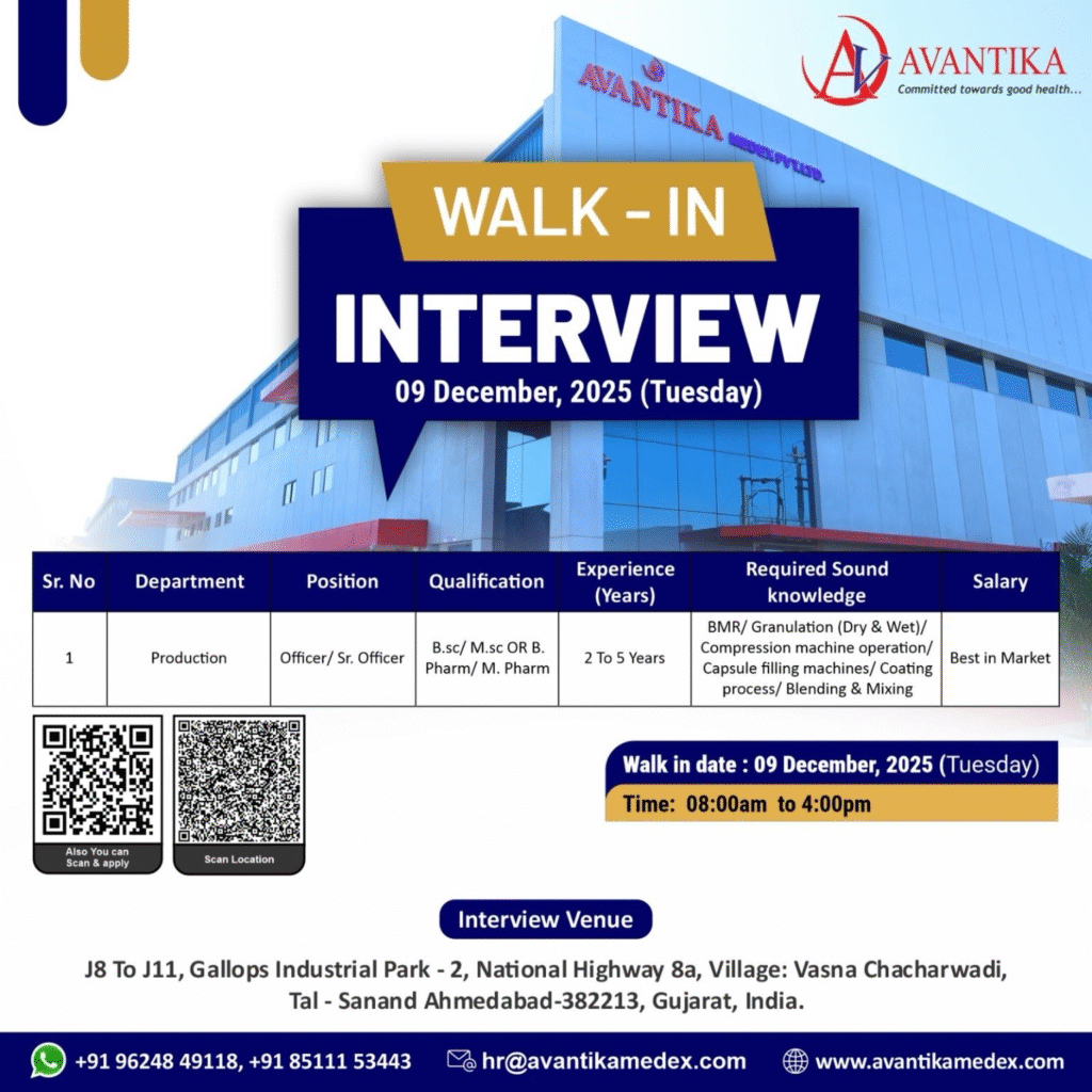 Officer / Senior Officer Production Jobs in Ahmedabad at Avantika Medex