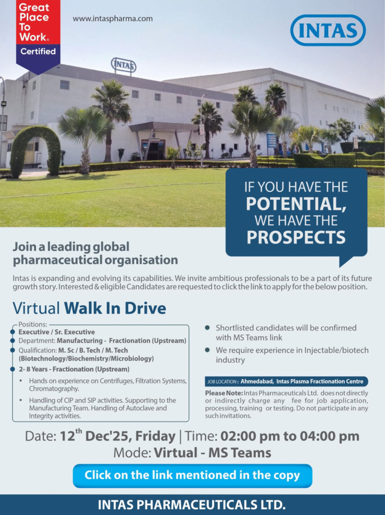Intas Pharmaceuticals Is Hiring for Executive/Sr. Executive - Manufacturing