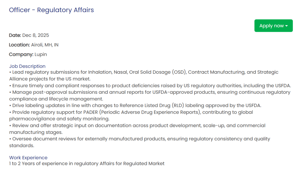 Lupin Hiring for Officer - regulatory affair