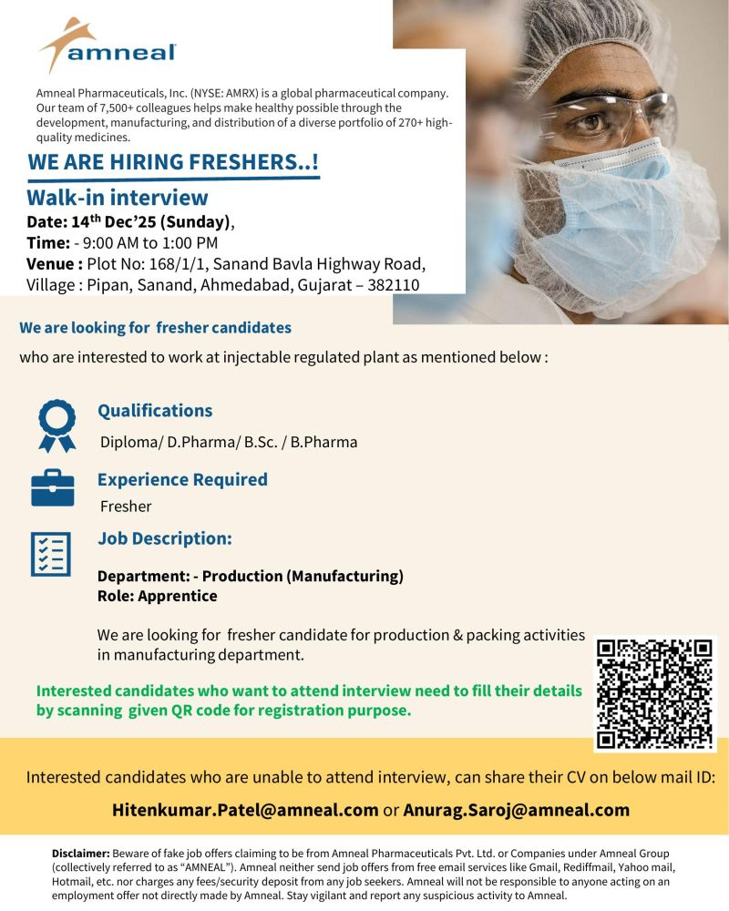 Amneal Pharmaceuticals - Job Openings in Production Apprentice Roles