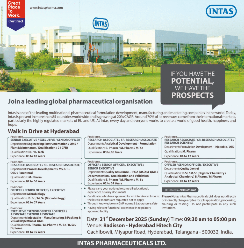 Walk-In Interview for Pharma Jobs at Intas Pharmaceuticals: QA, QC, and Production Roles in India