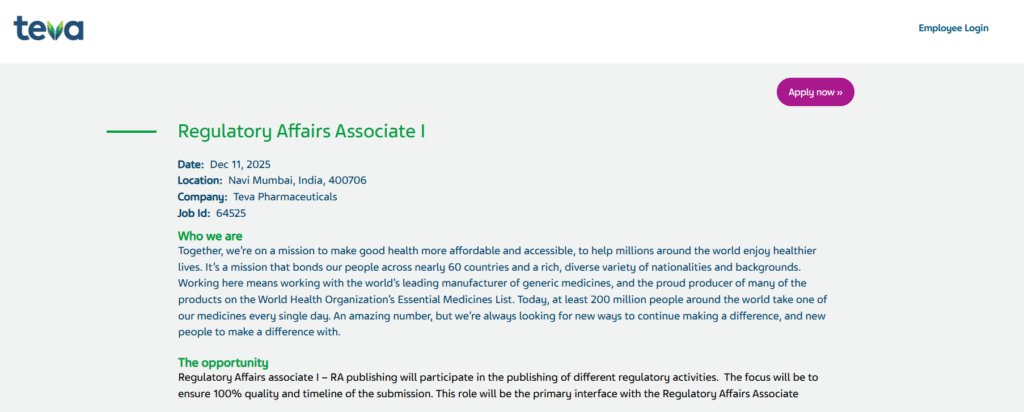 Teva Pharmaceuticals Hiring for Regulatory Affairs Associate (1-3 Years Exp)