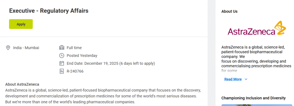 AstraZeneca Hiring for Executive - Regulatory Affairs Jobs in Mumbai