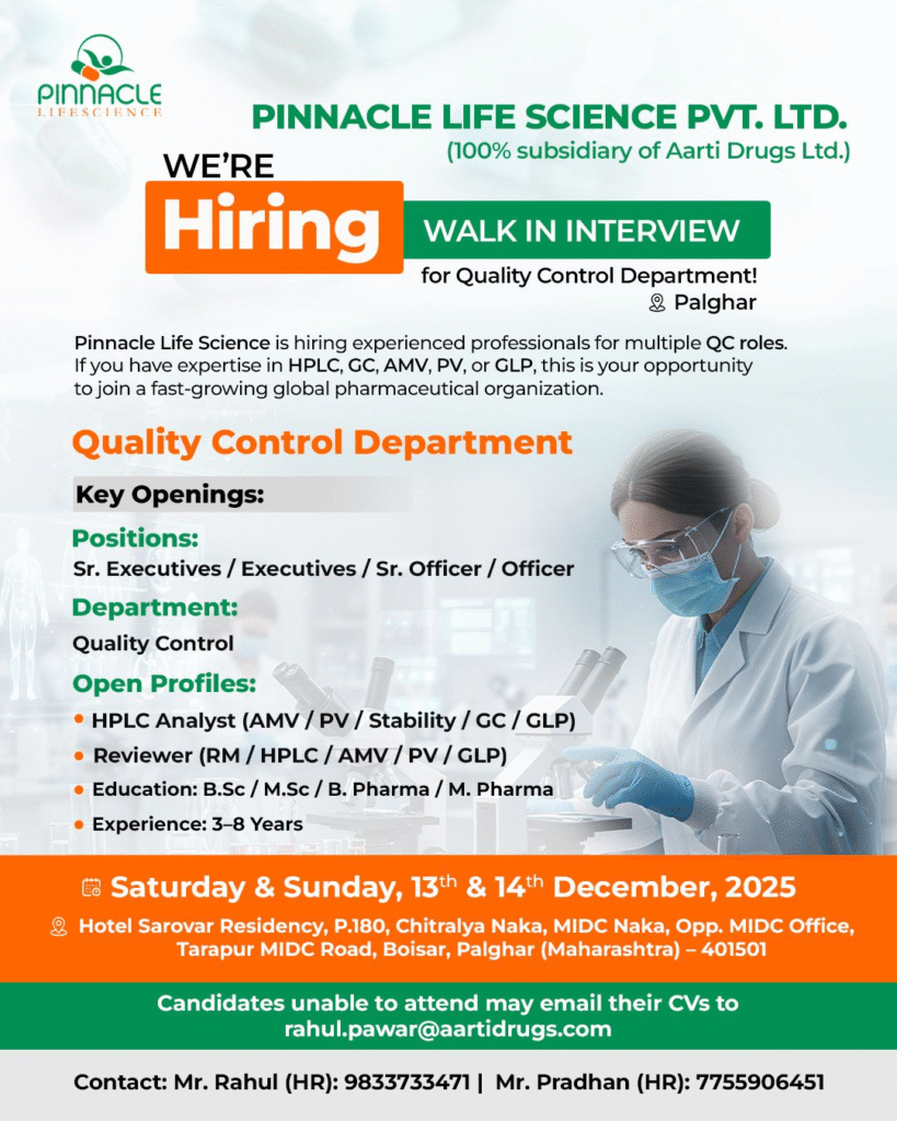 Pinnacle Life Science Hiring for Quality Control