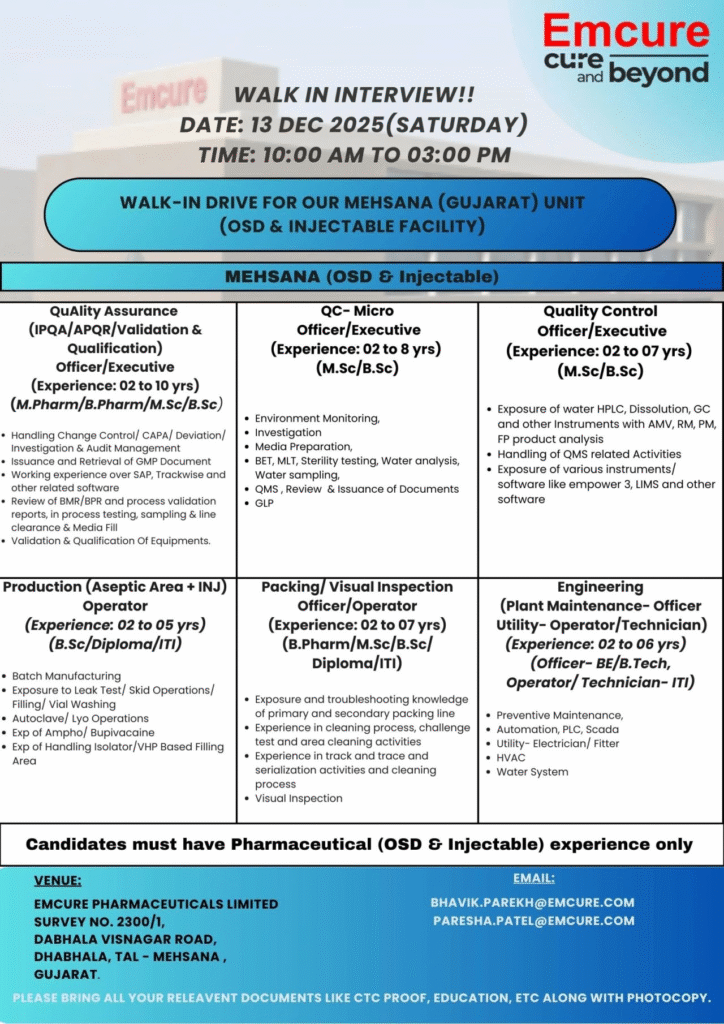 Emcure Walk-In Interview for QA, QC, Production Jobs in Mehsana