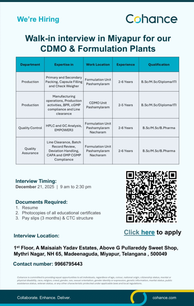 Cohance Walk-in Drive for Production, QA, and QC Roles on 21st Dec 2025