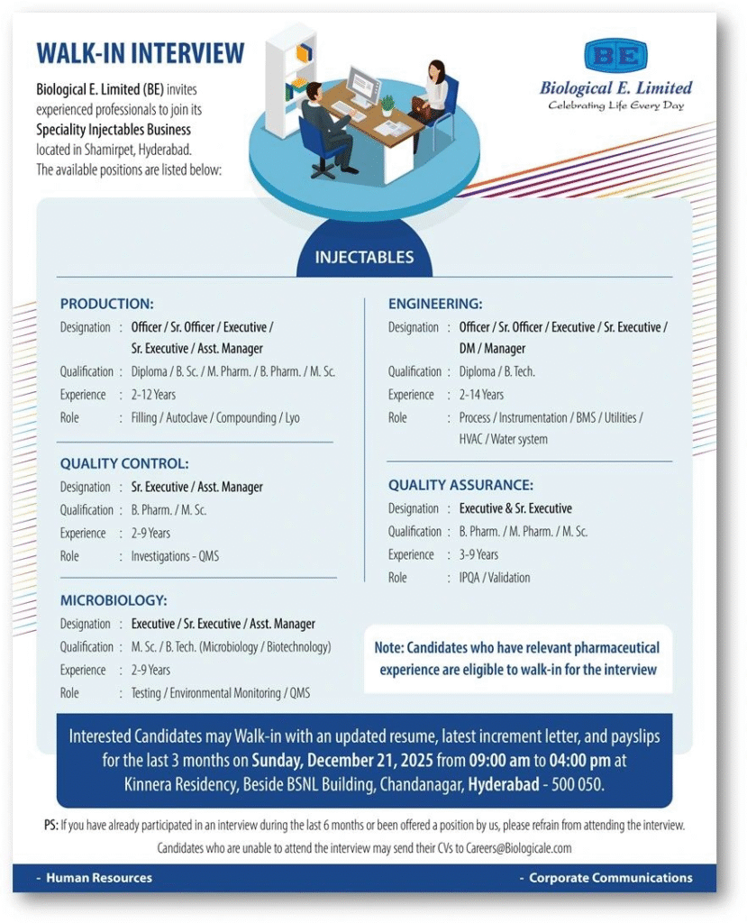 Walk-In Interview at Biological E. Limited: Pharma Jobs in Production, QA, QC, Engineering & Microbiology in Hyderabad