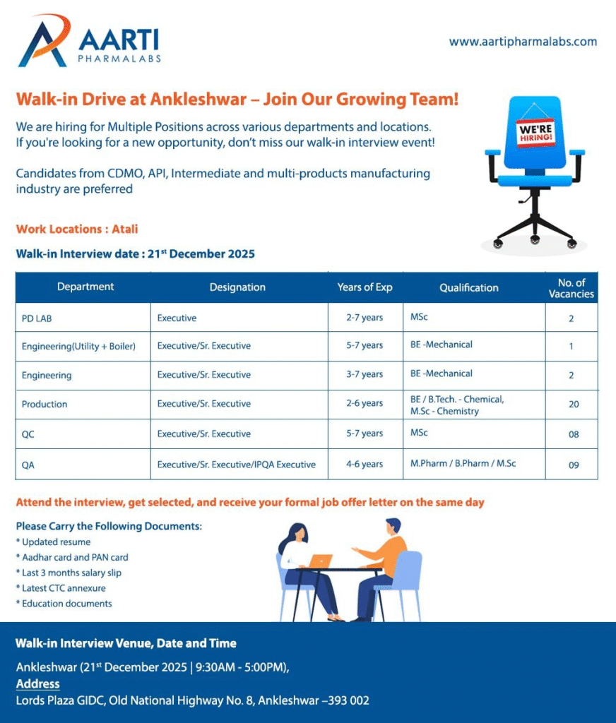 Aarti Pharmalabs Walk-In Drive for API Production, QC, QA, Engineering & PD Lab on 21st Dec 2025