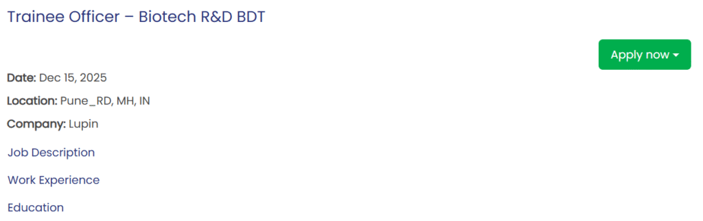 Lupin Recruitment 2025: Trainee Officer Biotech R&D