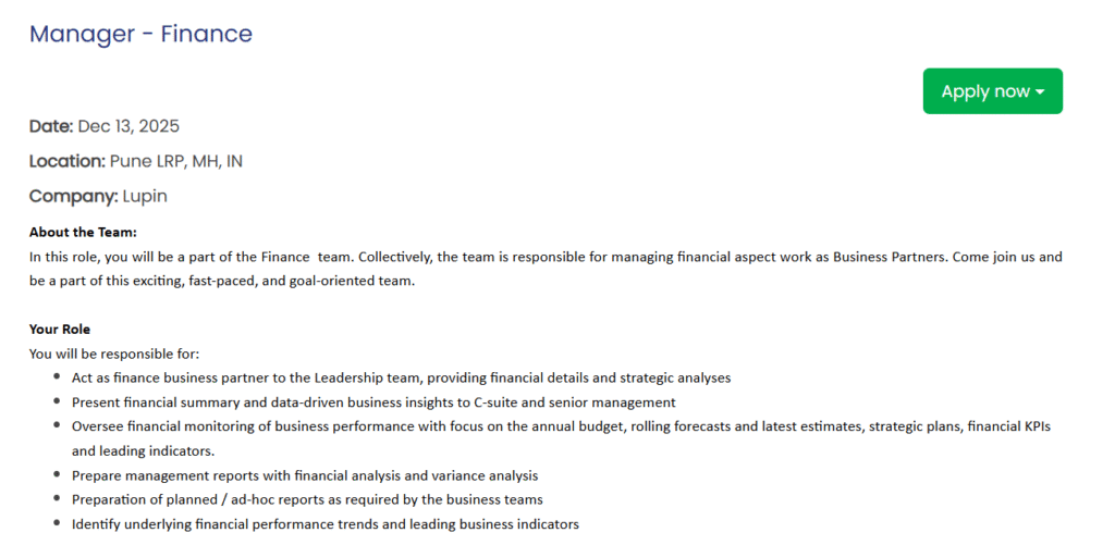 Lupin Recruitment 2025 Manager Finance