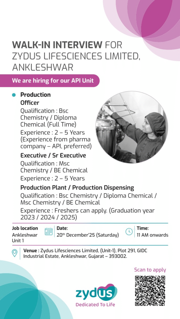 Zydus Lifesciences Walk-In Interview for freshers on 20th Dec 2025