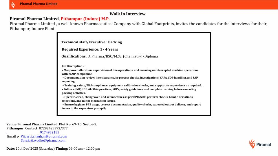 Piramal Pharma Limited Walk-In Interview for Packing Technical Staff/Executive Jobs in Pithampur on 20th Dec 2025