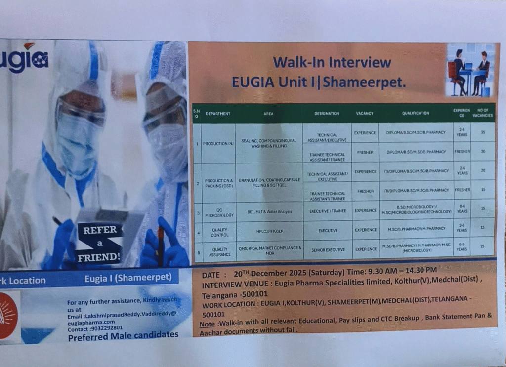 Walk-In Interview at Eugia Pharma Specialities Limited - Hiring for Production, QC, QA on 20th Dec 2025