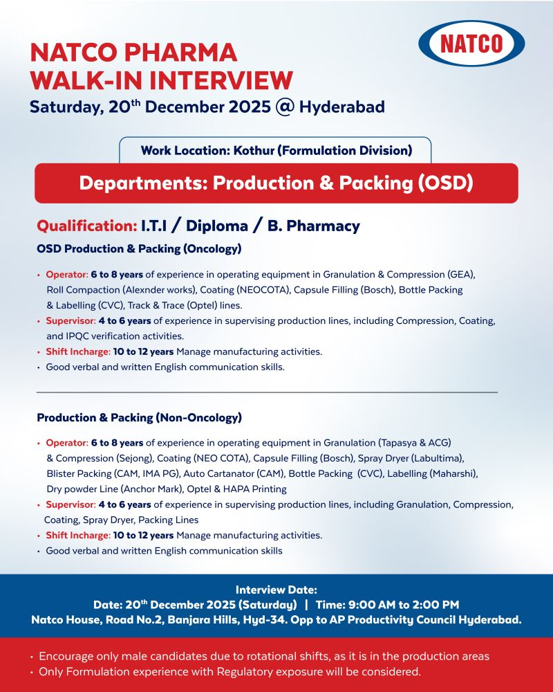 NATCO Pharma Walk-In Interview: Production & Packing OSD Jobs in Hyderabad – December 2025