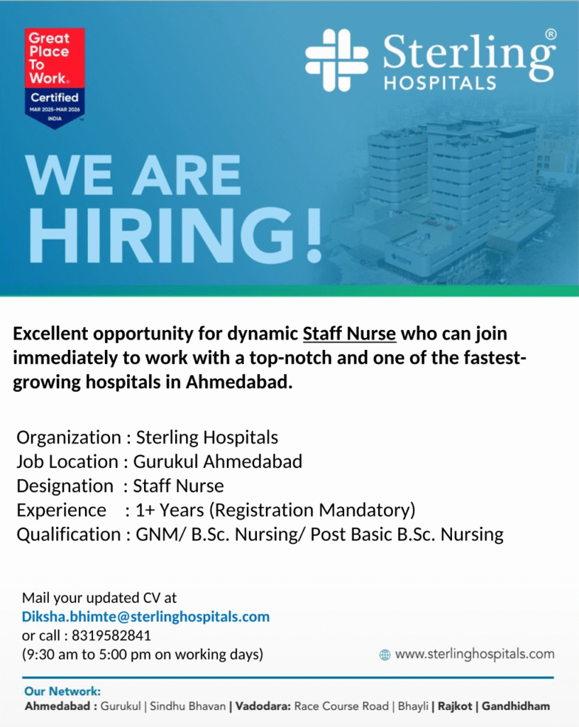 Sterling Hospitals Hiring 2025 - Staff Nurse