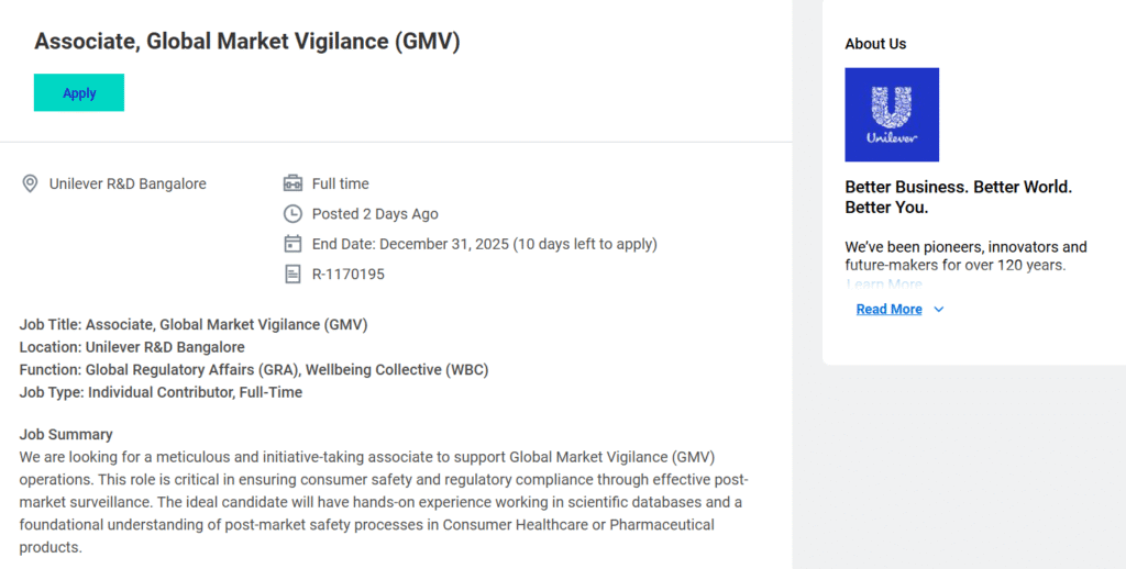 Unilever - Hiring Freshers for Associate Global Market Vigilance (GMV)