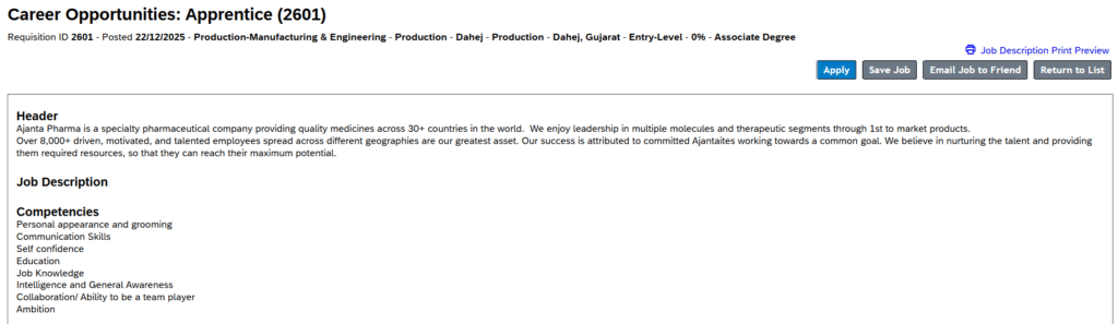 Apprentice (Production) at Ajanta Pharma – Dahej, Gujarat
