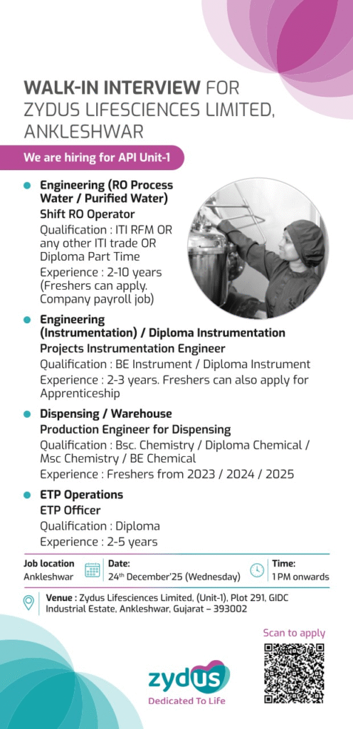 Zydus Lifesciences Walk-In Interview for API Unit-1 Roles for Freshers & Experienced on 24 Dec 2025