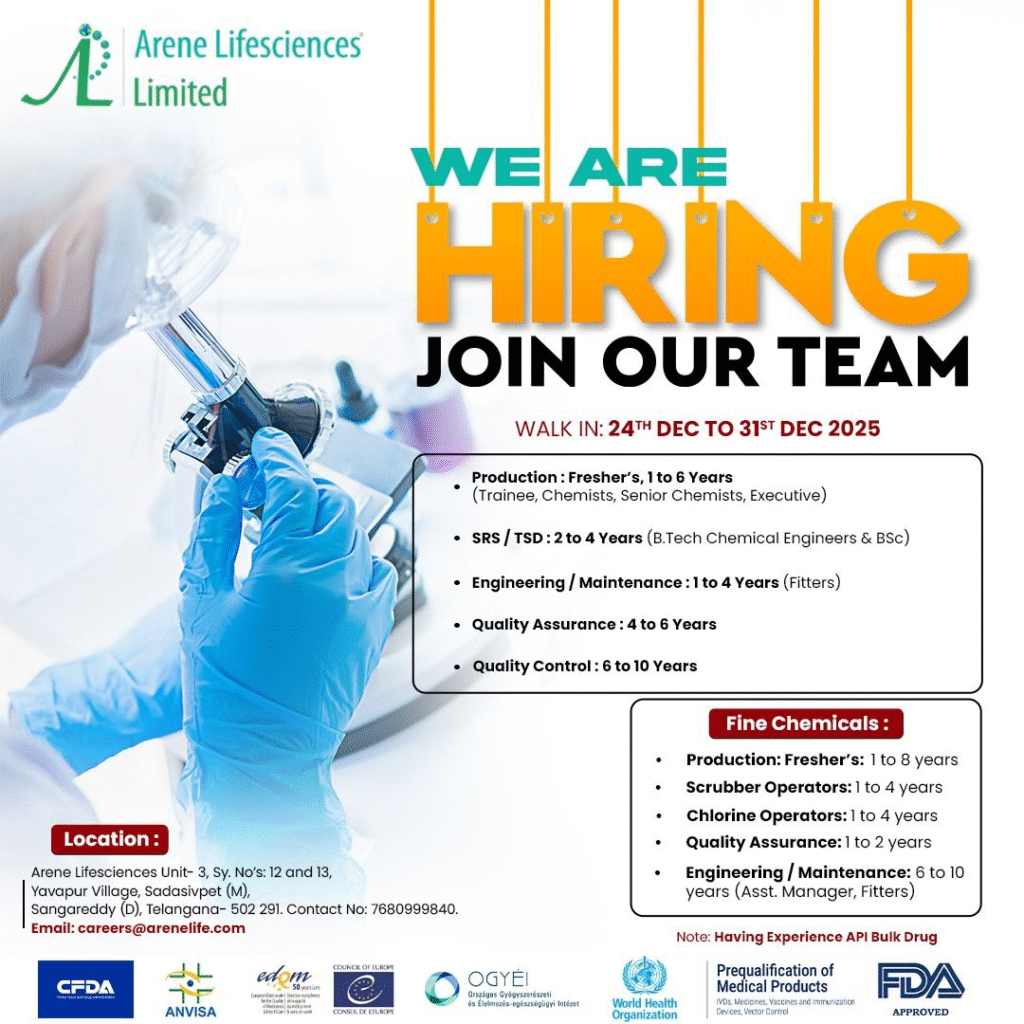 Arene Lifesciences Limited hiring Freshers notification