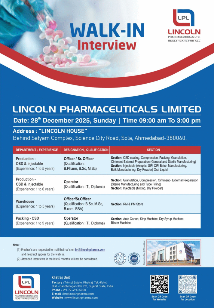 Lincoln Pharmaceuticals Limited Walk in drive on 28th Dec 2025