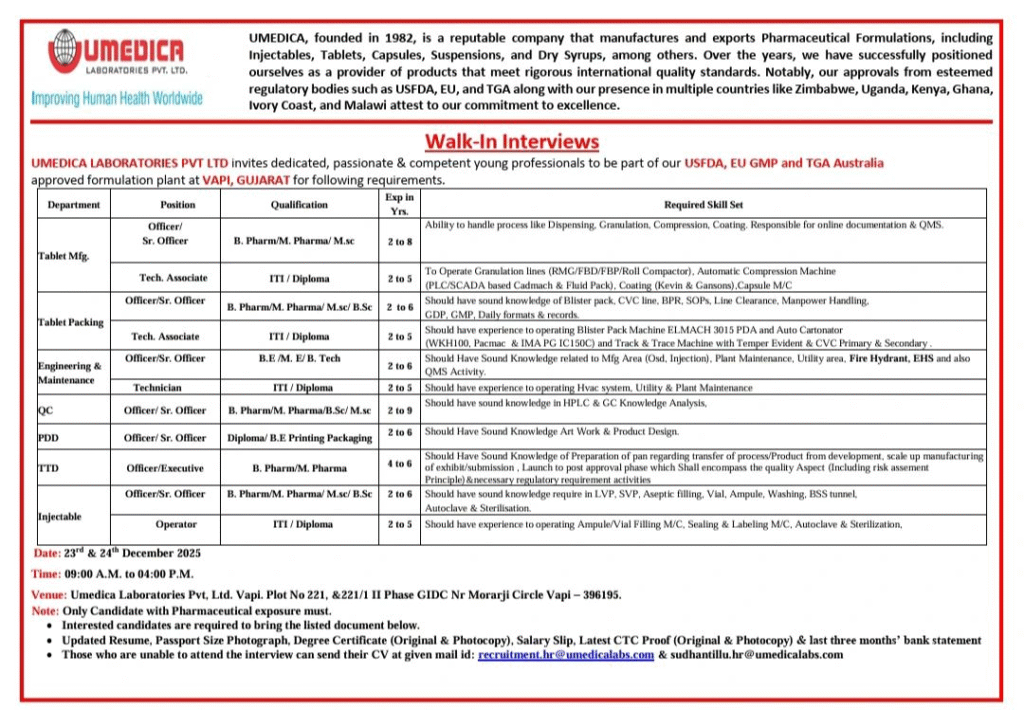 Umedica Laboratories Walk in Drive on 23rd and 24th Dec 2025
