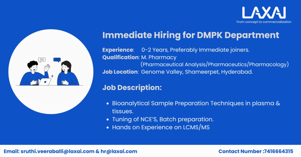 LAXAI Life Sciences Hiring Freshers for DMPK Department