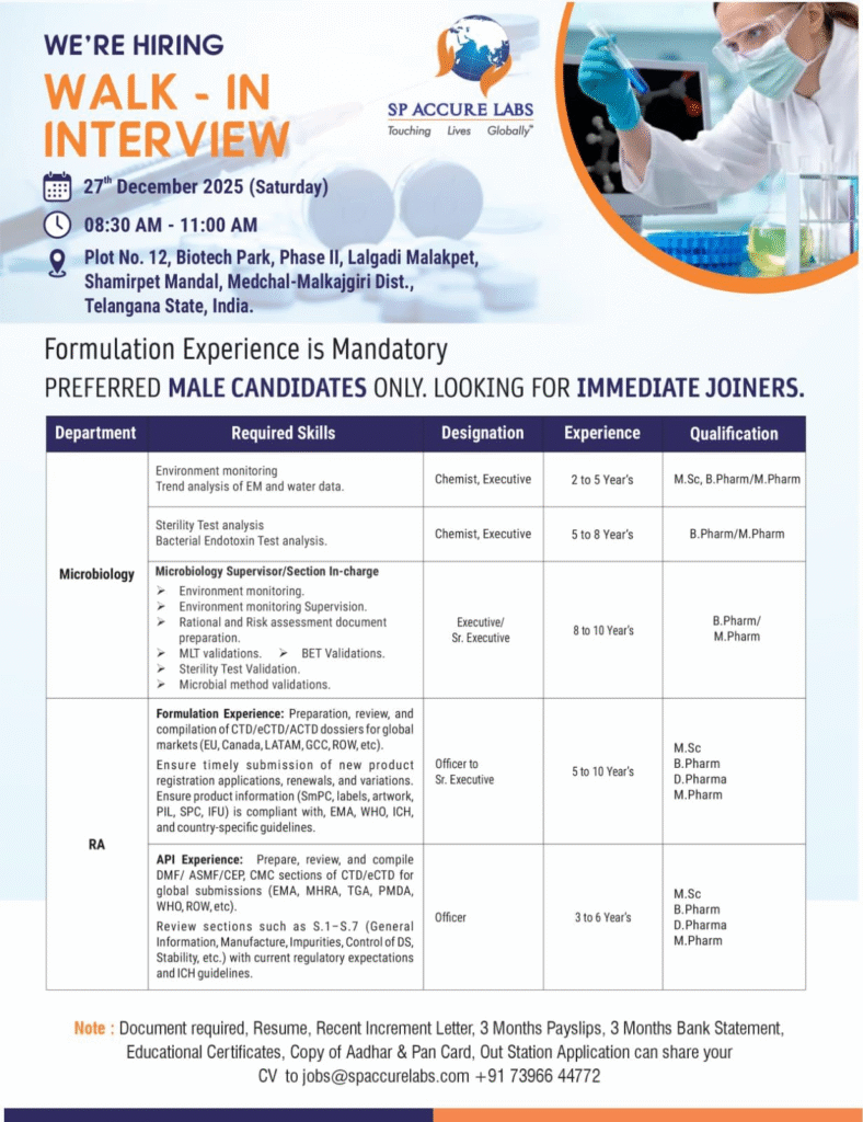 SP Accure Labs Walk-In Interview 2025: Pharma Jobs in Microbiology and Regulatory Affairs in Telangana
