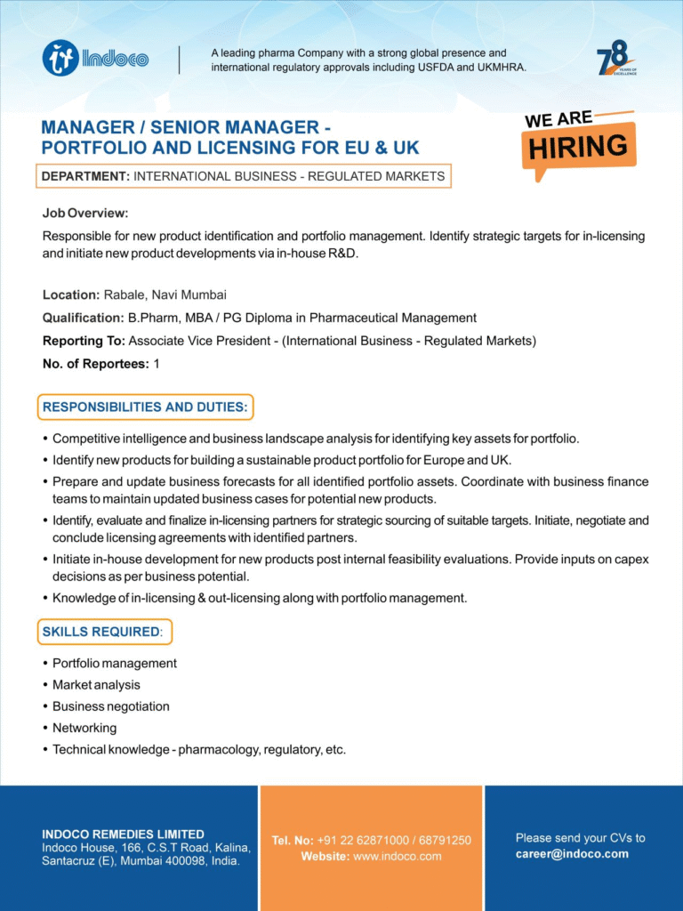 Indoco Remedies Limited Hiring Manager/Senior Manager – Portfolio and Licensing (EU & UK) in Navi Mumbai
