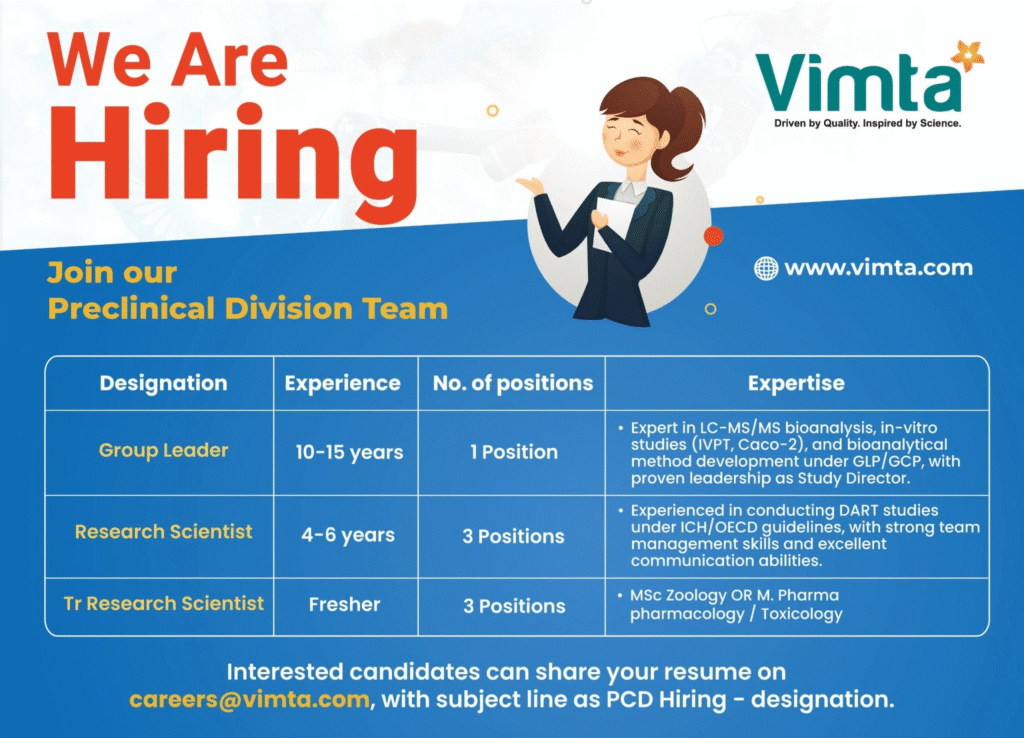 VIMTA Labs Hiring for Group Leader, Research Scientist & Trainee Roles