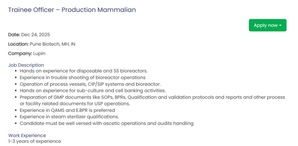 Lupin Pharma Jobs in Pune 2025: Trainee Officer Production Mammalian, Research Associate & Quality Assurance Officer
