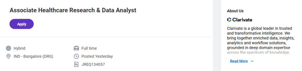 Clarivate Hiring Freshers for Associate Healthcare Research & Data Analyst | Hybrid Pharma Jobs in Bangalore