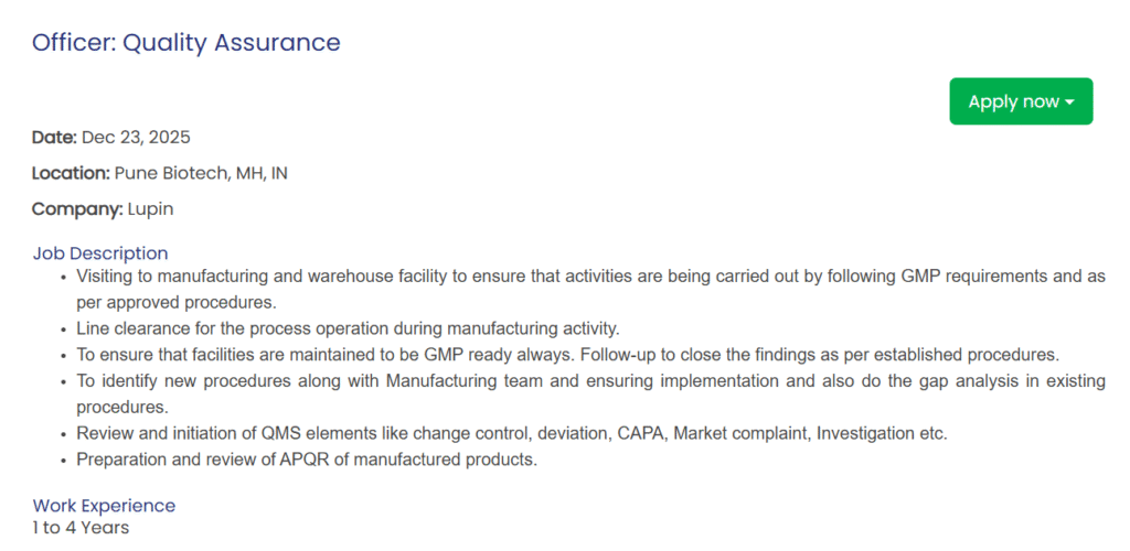 Lupin Pharma Jobs in Pune 2025: Quality Assurance