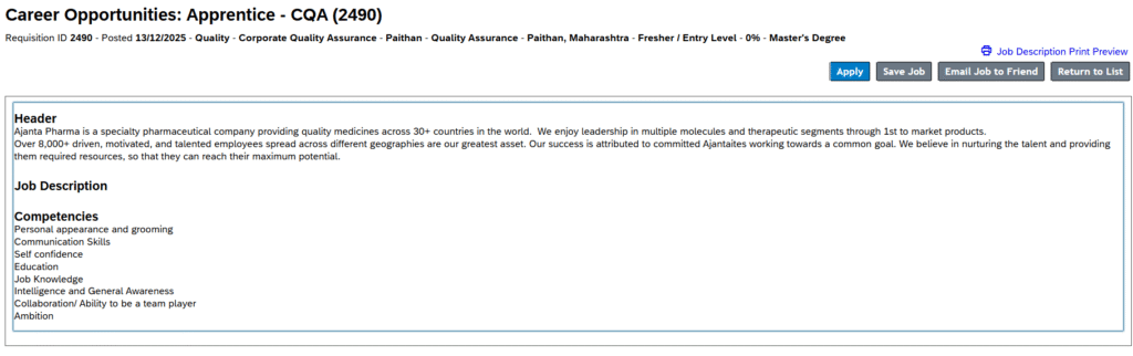 Ajanta Pharma - Hiring Apprentice CQA Job