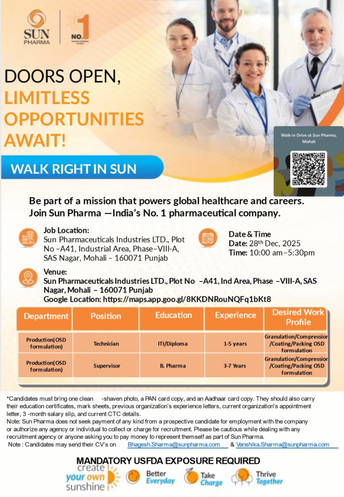 Walk-in Interview at Sun Pharma Mohali: Production Technician & Supervisor Jobs in OSD Formulation
