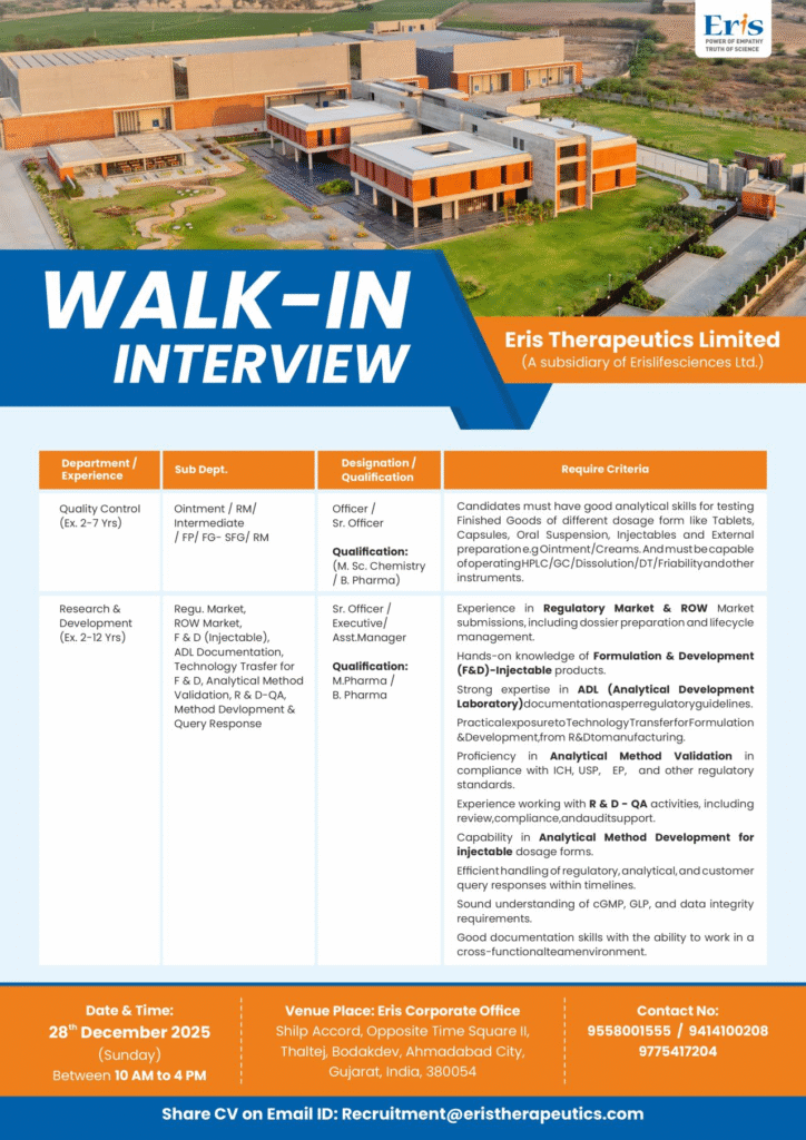Walk-in Interview at Eris Therapeutics Ahmedabad: Quality Control & R&D Pharma Jobs
