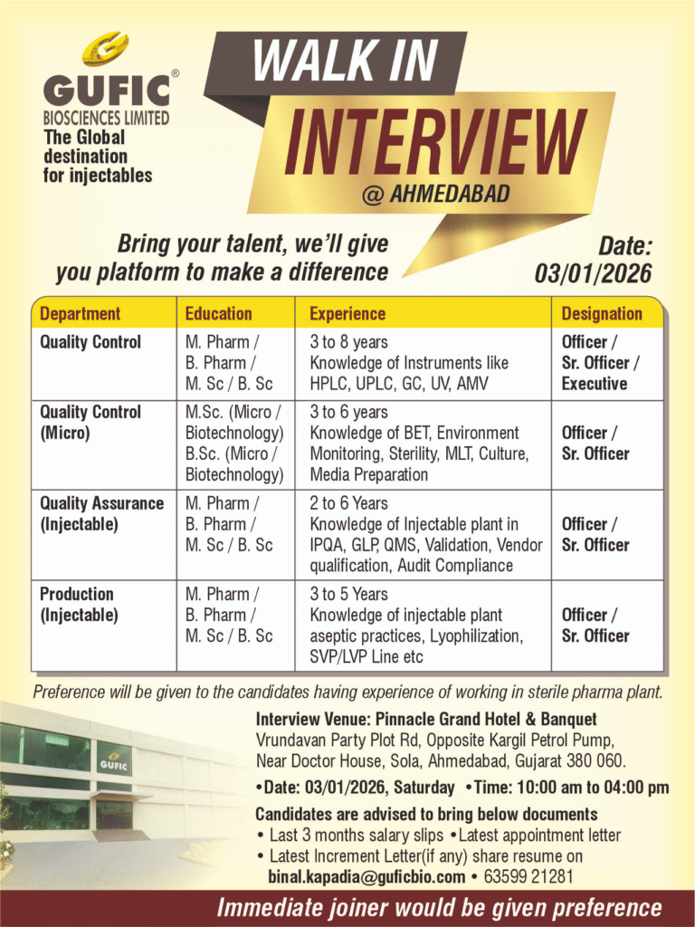 Walk-in Interview at Gufic Biosciences Ahmedabad: QC, QA & Production Jobs in Injectables
