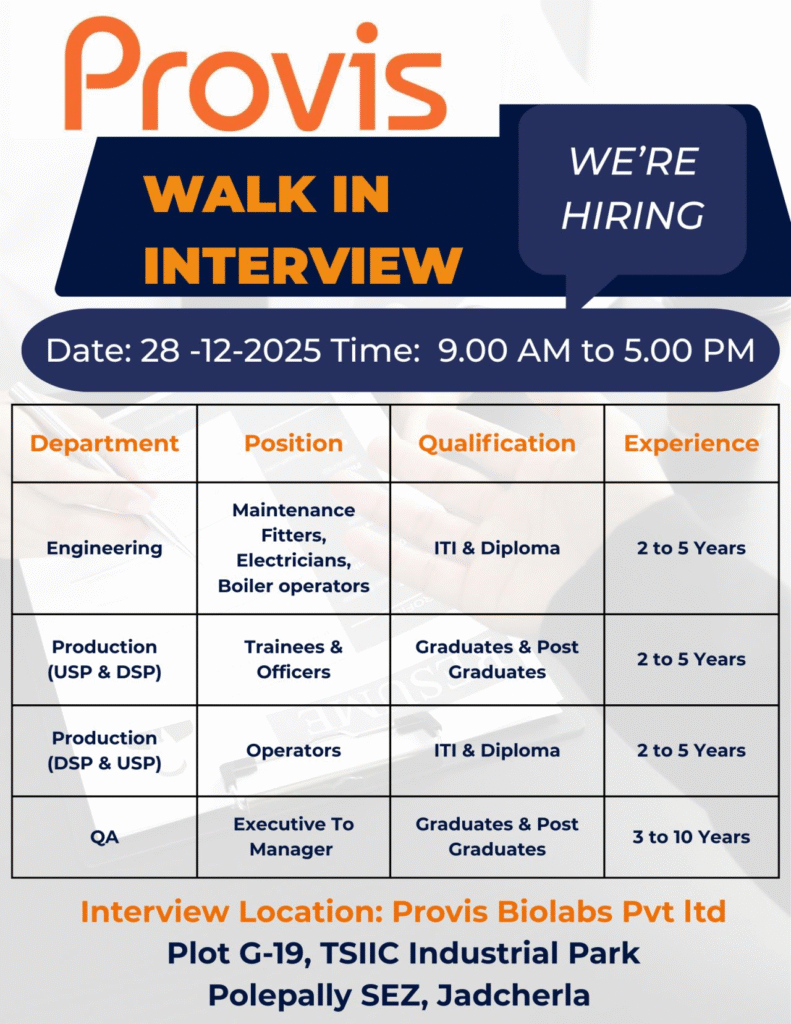 Provis Biolabs - Hiring Trainee Engineering, Production & QA Jobs in Biologics Manufacturing