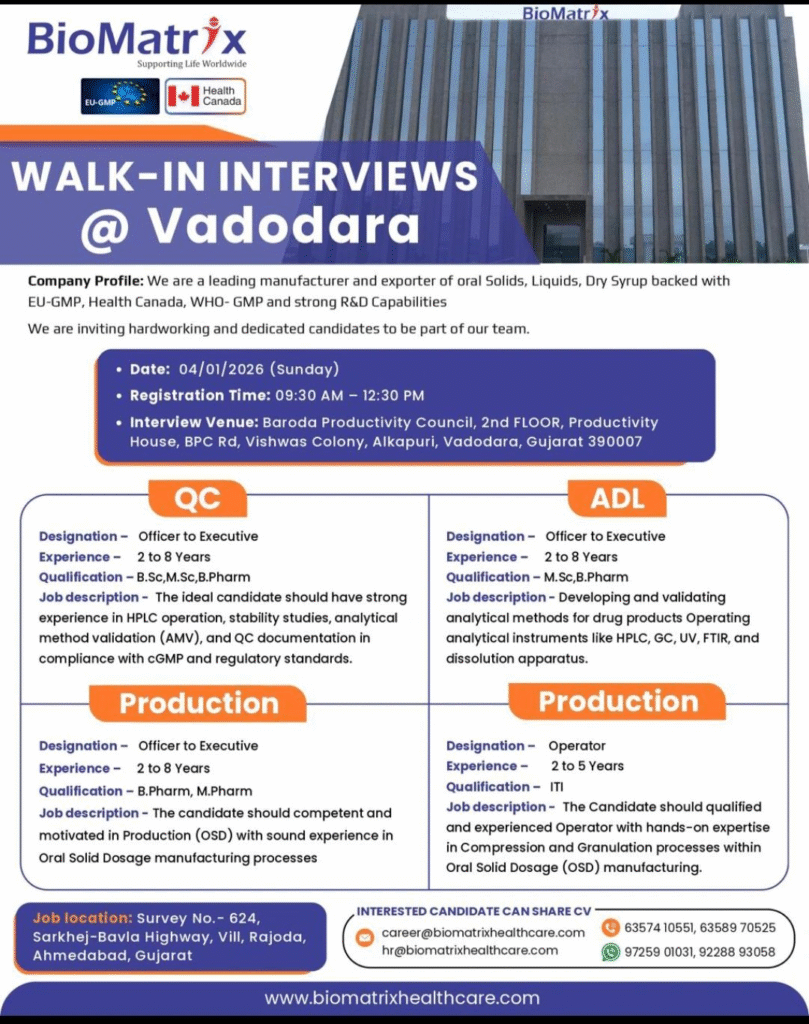 Walk-in Interview at BioMatrix Healthcare Vadodara: QC, ADL & Production Jobs in OSD Formulation