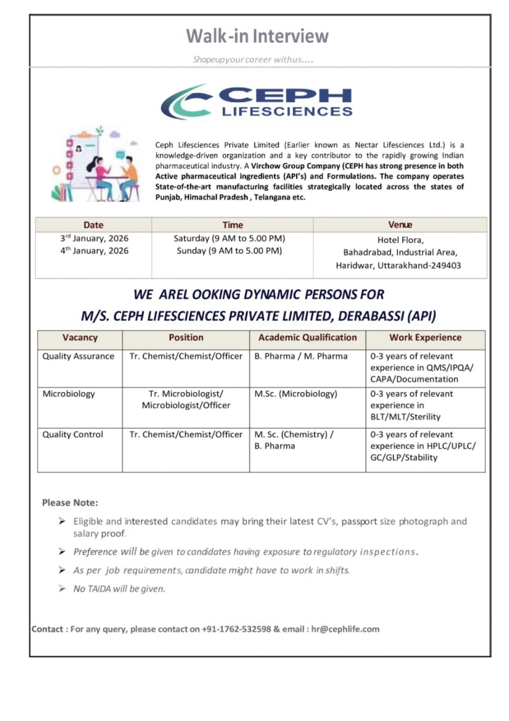 Ceph Lifesciences Private Limited Walk in Drive on 3rd & 4th Dec 2026