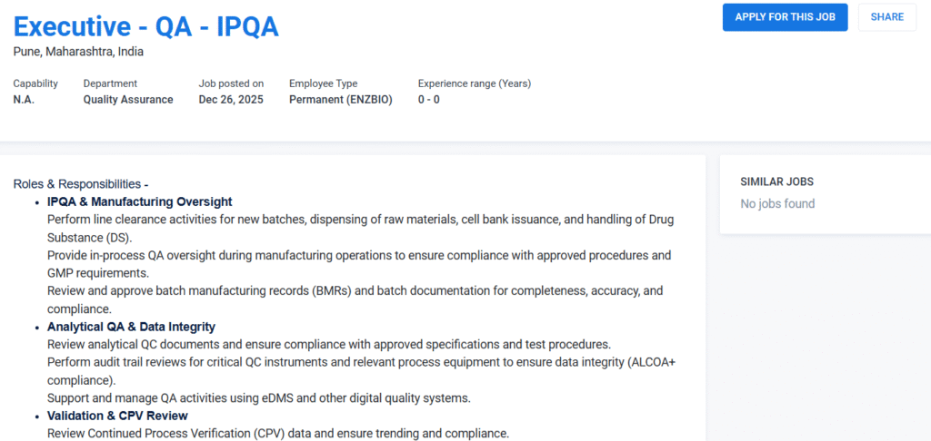 Enzene Biosciences Hiring for Executive - QA - IPQA