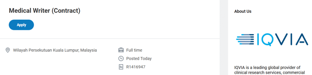 IQVIA Hiring for Medical Writer Contract Job in Kuala Lumpur 2025