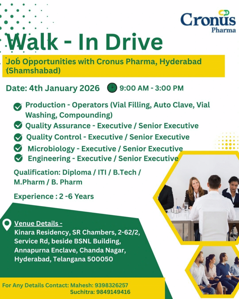 Cronus Pharma Walk-in Drive 2026: Production, QA, QC, Microbiology & Engineering Jobs in Hyderabad

