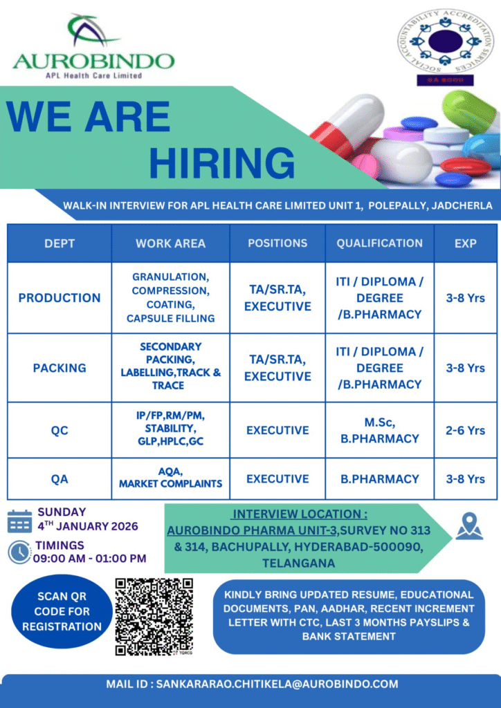 Aurobindo Pharma (APL Healthcare Limited) Walk-In Interview for Production, Packing, QC & QA Pharma Jobs on 4th Jan 2026
