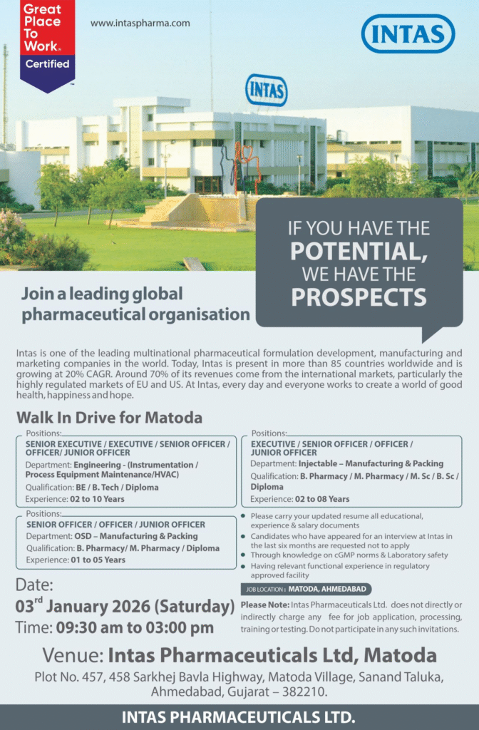 Intas Pharmaceuticals Ltd Walk-In Drive 2026: Engineering, OSD & Injectable Pharma Jobs in Matoda, Ahmedabad
