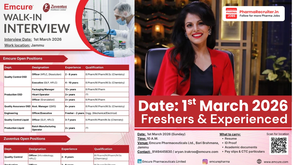 Emcure & Zuventus Walk-in Interview – QC, Production, QA & Engineering Jobs