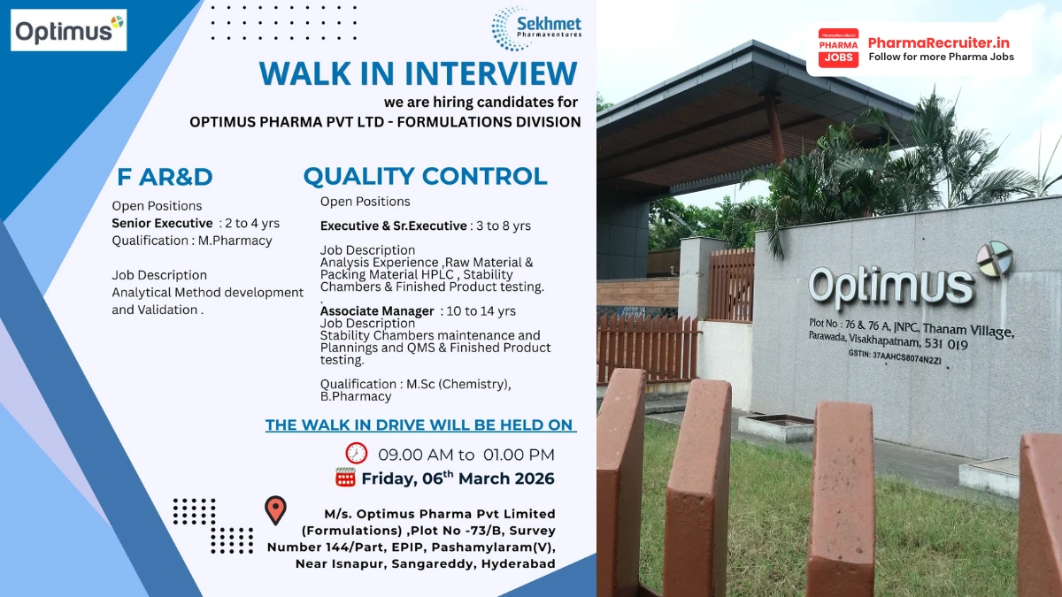 Optimus Pharma Walk-in Interview – FAR&D & Quality Control Jobs in Hyderabad