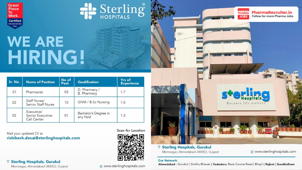 Sterling Hospitals Hiring for Pharmacist, Staff Nurse & Call Center Executive Positions