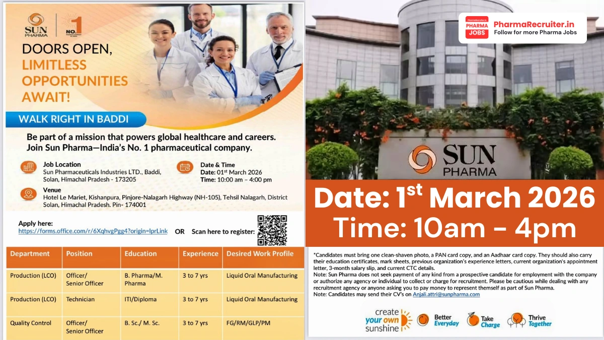 Sun Pharma Walk-in Interview – Production & Quality Control Jobs
