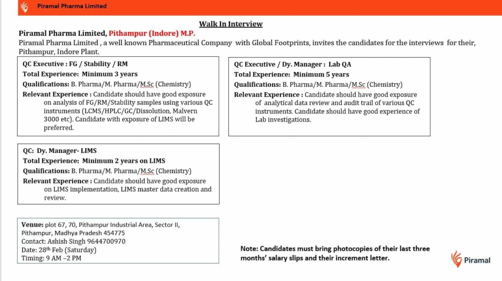 Piramal Pharma Limited Walk-in Interview – QC & QA Pharma Jobs on 28th February