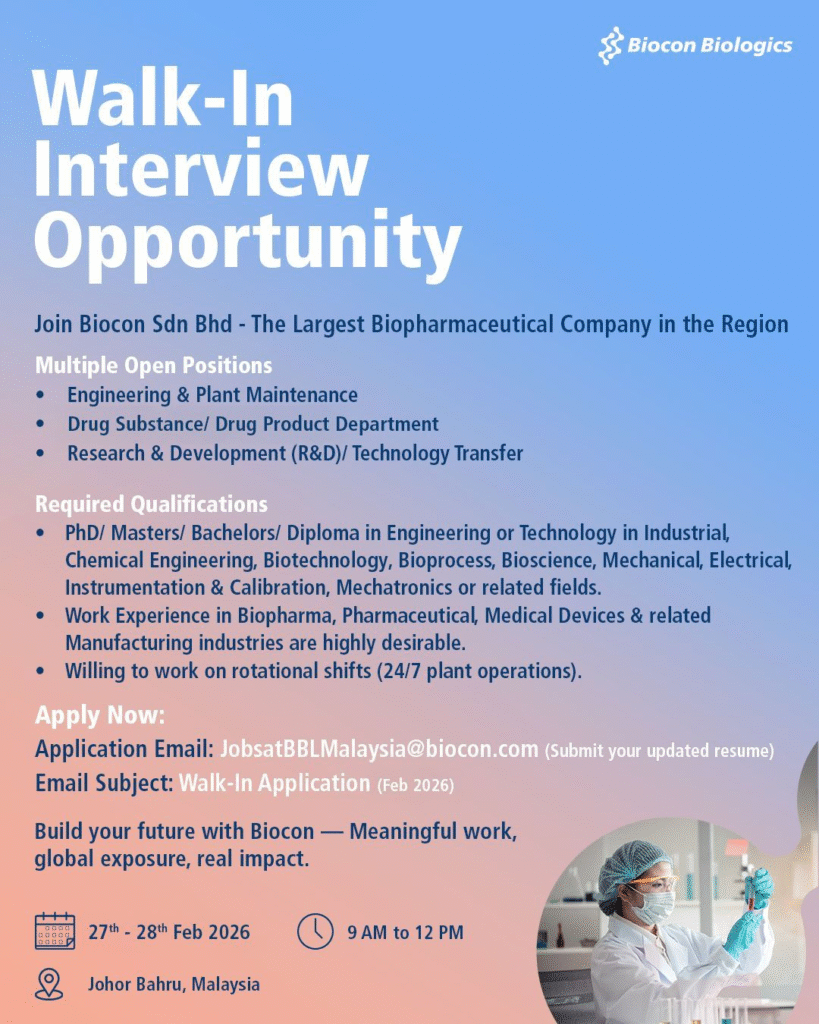 Biocon Biologics Walk-in Interview – Engineering, Manufacturing & R&D Jobs in Johor Bahru, Malaysia